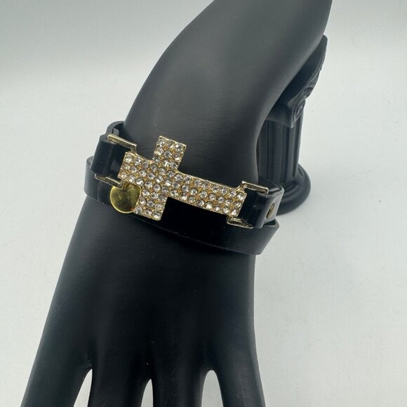 Black Leather Wrap Bracelet Gold-Tone Rhinestone Cross Charm Adjustable Strap - Picture 2 of 4